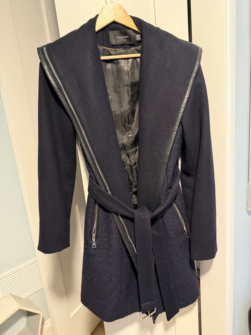 Tahari Women's Navy Belted Wool-Blend Dress Coat